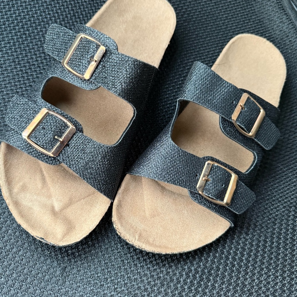 Black Double Strap Sandals Shimmer Black